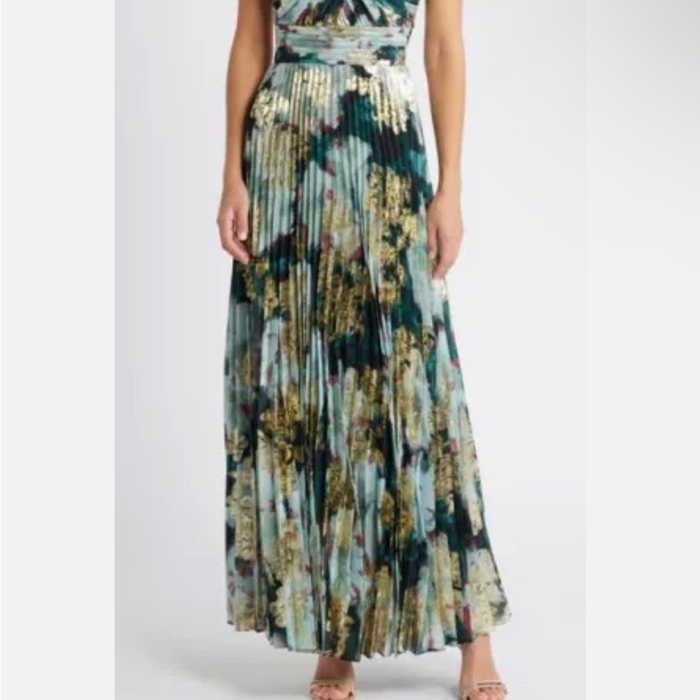 Tahari ASL Green and Gold Floral Maxi Skirt
